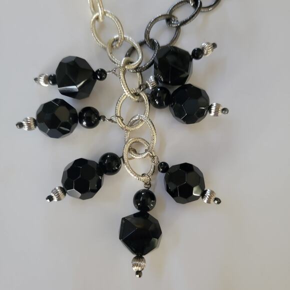 Bold Black Bead Necklace Two Tone Silver Gold Chain 30 Inch Statement Jewelry - Picture 4 of 10